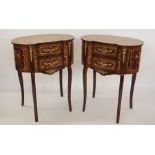 Pair of 20th century French-style kidney-shaped marquetry inlaid two-drawer side tables, the