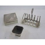 Silver six-division toast rack, Sheffield 1915, a silver salt and an engine-turned cigarette case (