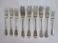 Five assorted George III and later fiddle pattern silver table forks, mixed dates and makers and