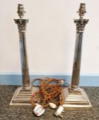 Pair of electroplated table lamps in Corinthian column form, stepped bases, 47cm tall Condition