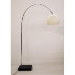 Modern mid century-style Italian design arc floor lamp with cream glass spherical shade, on steel