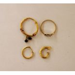 Two gold-coloured metal small earrings, another similar with pendant drops, probably Indian 22ct