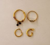 Two gold-coloured metal small earrings, another similar with pendant drops, probably Indian 22ct