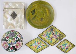 Tortoiseshell box (lid separated, hinges not working), a mother-of-pearl card case (damaged) and