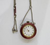 A lady's silver and red enamel fob pendant watch on silver and red enamel chain