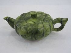 Chinese variegated jade teapot of pumpkin form, 17cm over the handle