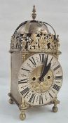 19th Century George I style brass lantern clock, the dial with foliate engraving Roman numerals, the