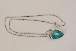 18ct white gold, opal doublet and diamond pendant, the rounded triangular-shaped opal having