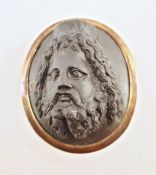 19th century gold and black stone cameo brooch, classical male head, 4.5cm high (small chip)