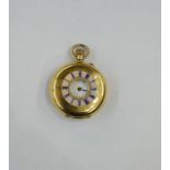 Lady's 18K gold and guilloche enamel half-hunter fob watch, having blue Roman numerals on a pink