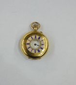 Lady's 18K gold and guilloche enamel half-hunter fob watch, having blue Roman numerals on a pink
