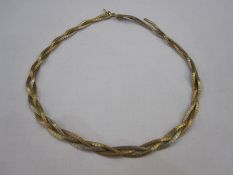 9ct three-coloured gold necklace of woven three-strand design, approx. 34g (with damage)