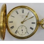 18ct gold hunter pocket watch by Cousens of London, in engine-turned case and having white enamel