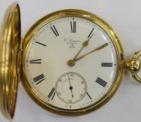 18ct gold hunter pocket watch by Cousens of London, in engine-turned case and having white enamel