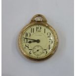 Waltham rolled gold open-faced pocket watch with cream dial, large Arabic numerals and subsidiary