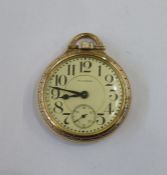 Waltham rolled gold open-faced pocket watch with cream dial, large Arabic numerals and subsidiary