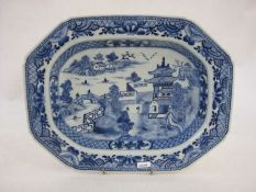 Early 19th century Chinese porcelain shallow bowl, rounded oblong with blue painted lakeside