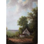 Unattributed Oil on card  Rustic scene showing derelict cottage surrounded by trees looking across a