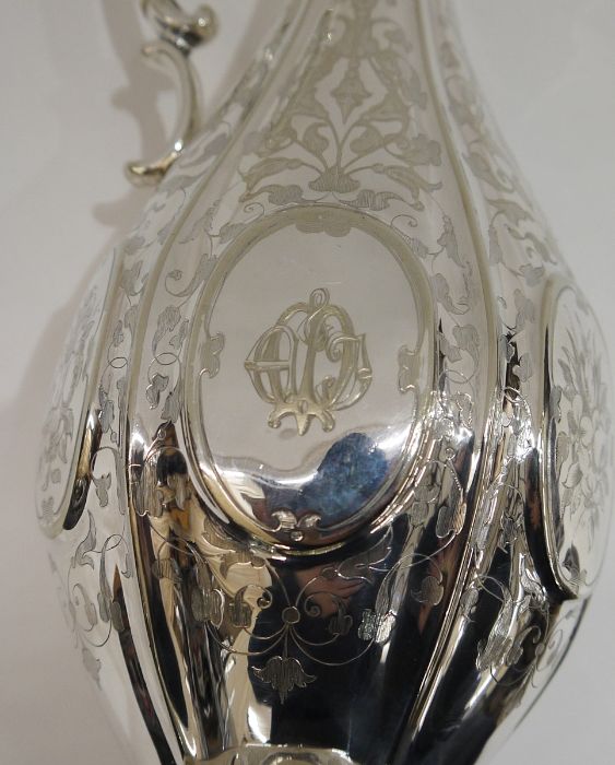 EPNS plated claret jug engraved with vines, a Bacchus mask and engraved initials - Image 4 of 4