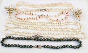 Four strands of freshwater pearls, string of 'black' pearls, a string of cultured pearls and other