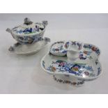 19th century 'Japan Opaque' pottery hors d'oeuvres stand and matching sauce tureen with integral