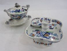19th century 'Japan Opaque' pottery hors d'oeuvres stand and matching sauce tureen with integral