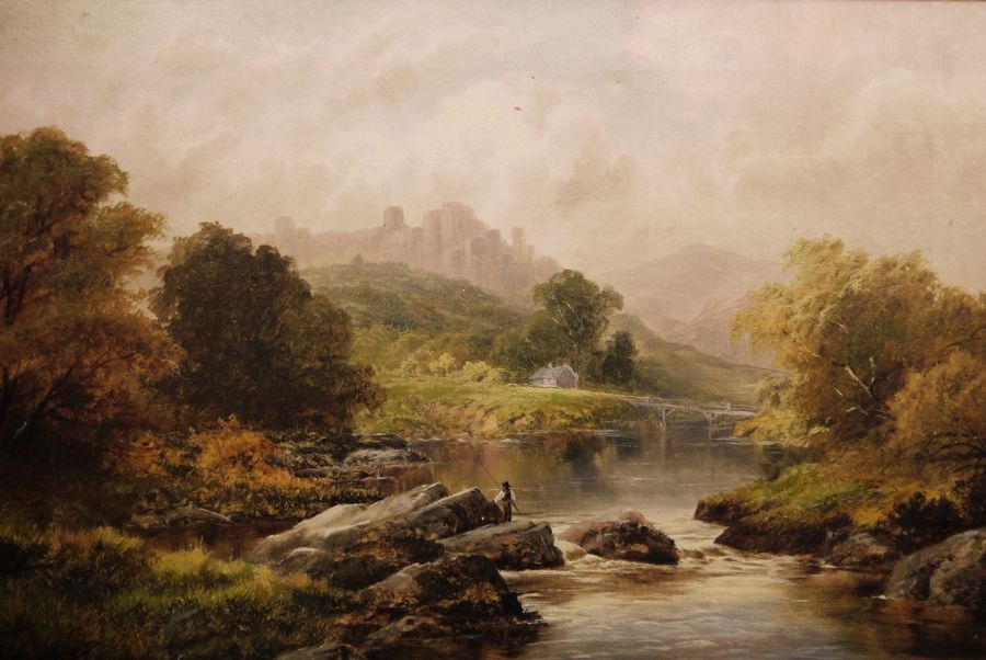 Unattributed Oil on canvas "Chepstow Castle on the Wye, Monmouthshire", mountainous river scene with