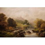Unattributed Oil on canvas "Chepstow Castle on the Wye, Monmouthshire", mountainous river scene with