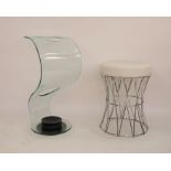 Modern Tam Tam shaped circular stool with cream leather top, on chromed base and a Fiam Italia glass