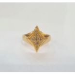 9ct gold and diamond dress ring, set old cut stones in lozenge setting to the top of the