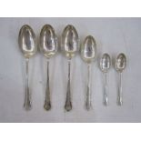 Three silver tablespoons, a silver dessert spoon and two silver teaspoons, London 1908, with