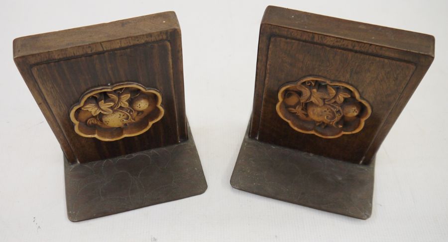 Pair carved and engraved bookends, Arts and Crafts in the Oriental manner (2) - Image 2 of 2