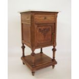 20th century white marble-topped pot cupboard on oak base with single drawer and cupboard door,