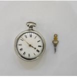 George III gent's pair-cased silver pocket watch with white enamel dial, Roman numerals, the outer