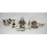 Assorted silver-plated items to include a plated boiled egg breakfast set, a sugar shaker, a sugar