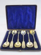 Set of six silver gilt fiddle pattern serving spoons by Chawner & Co, London 1867, the stems with
