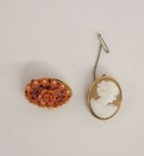 9ct gold mounted cameo brooch and a coral and seed pearl relief carved brooch (2)