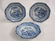Set of three 18th century/early 19th century Chinese porcelain plates, octagonal with underglaze
