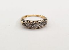 Gold five-stone diamond ring set with graduated old-cut diamonds, marked 18, finger size N (