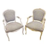 Two, possibly Swedish Gustavian-type armchairs with painted frames, carved top rails, upholstered