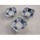 Set of three modern Chinese porcelain miniature pickle dishes, square, blue peach decoration, 6.