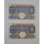 Two mauve Peppiatt emergency £1 notes , circulated, prefix Z12D Z67D