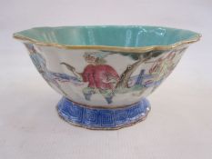 Chinese bowl having everted ogee moulded rim, turquoise interior and painted exterior with figures