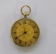 A Victorian 18ct gold and blue enamel lady's fob watch, floral decorated to reverse