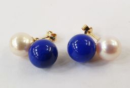 Pair 18K cultured pearl and lapis lazuli earrings, each set one each pearl and lapis