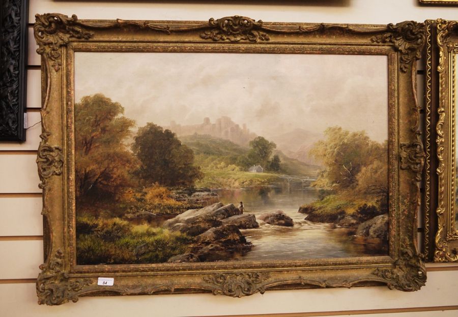 Unattributed Oil on canvas "Chepstow Castle on the Wye, Monmouthshire", mountainous river scene with - Image 2 of 2