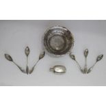 Set of six French silver-coloured metal tea/grapefruit spoons with pointed panelled bowls and