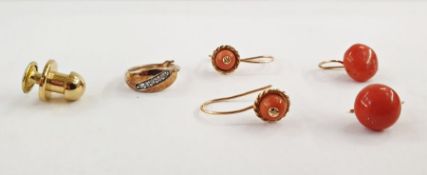 Two pairs of gold-coloured metal and coral earrings and a silver-gilt and cubic zirconia earring