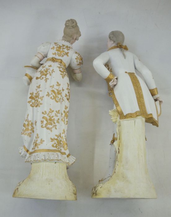 Pair 19th century Sitzendorf gilt porcelain figures of lady and gentleman, the lady carrying - Image 4 of 4