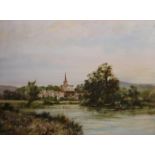 A T Avery Oil on canvas Continental river scene with spire in background and a gentleman punting